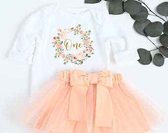 Peach Floral 1e verjaardag outfit meisje: bodysuit, tutu en hoofdband