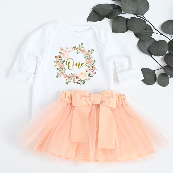 1st Birthday Boho Outfit Girl, Peach First Birthday Outfit Girl, Personalized,Floral Birthday,Golden One,Peach Tutu Tulle Skirt,Bow Headband