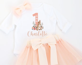 1st Birthday Girl Outfit First Birthday Girl Set Rabbit Bunny Boho Flowers One Peach Tutu Outfit Cake Smash Outfit Personalized