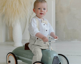 Boy Christening Outfit 4 psc Baby Boy Baptism Clothes Blessing Wedding Outfit Beige Linen Suit Pants with Suspenders Bow Tie Ring Bearer