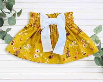 Baby Skirt, Toddler Skirt, Girl Skirt, Mustard Skirt, Floral Skirt, Skirt with bow, Baby Girl Summer Clothes, Bow Headwrap, Big Bow, Coral