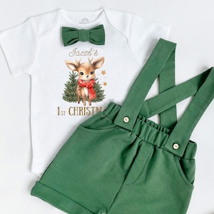 Boy 1st Christmas Outfit Baby First Christmas Clothes Personalized Outfit Baby Christmas Gift Green Shorts   Reindeer Golden 3psc Set