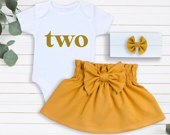 Goldener Zweiter Geburtstag Mädchen, Bodysuit, Rock & Stirnband