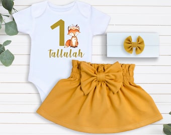 Woodland Fox 1st Birthday Outfit Girl, Personalized 1st birthday outfit girl, Big Bow skirt, Fox Bodysuit, Mustard Bow Headband