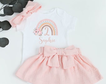 2e anniversaire tenue fille Boho arc-en-ciel Rose or deuxième anniversaire fille personnalisé anniversaire chemise filles Blush jupe deux été enfant en bas âge tenue