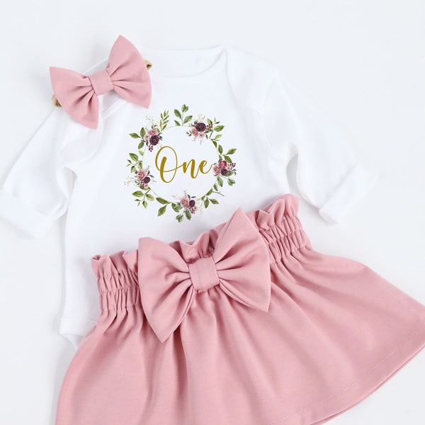 1er anniversaire fille tenue poussiéreux rose tenue Boho premier anniversaire tenue fille couronne florale personnalisée or paillettes poussiéreux rose jupe noeud