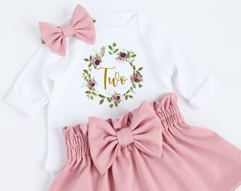 Dusty Pink 2. Geburtstag Outfit Mädchen, Blumenkranz Bodysuit