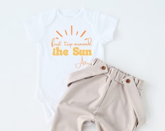 First Birthday Outfit Boy First Trip Around The Sun Personalized One Birthday Custom Outfit Beige Pants With Suspenders Birthday Shirt