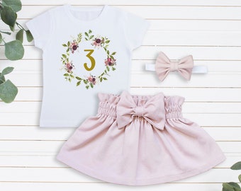 3rd Birthday Outfit Girl, Third Birthday Girl Shirt, Boho Floral Wreath, Custom, Personalized,  Dusty Pink Skirt, Dusty Pink Hair Bow, Blush