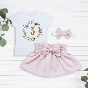 3rd Birthday Outfit Girl, Third Birthday Girl Shirt, Boho Floral Wreath, Custom, Personalized,  Dusty Pink Skirt, Dusty Pink Hair Bow, Blush