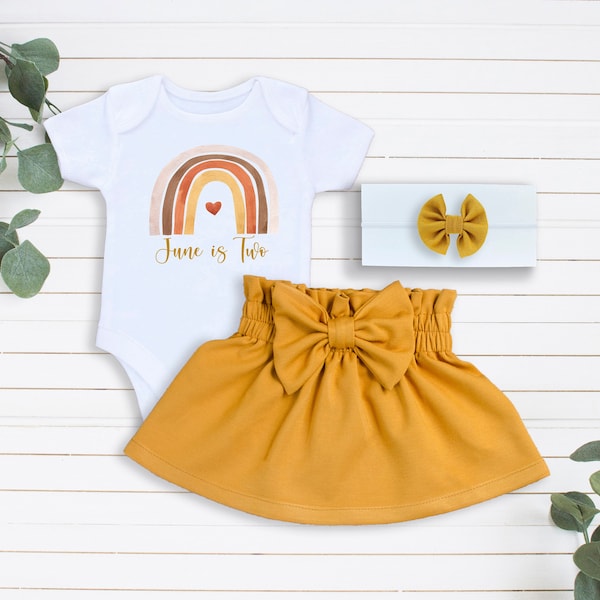 2nd Birthday Outfit Girl Personalized Second Birthday Girl Golden Two Birthday Vest Bodysuit Boho Rainbow Mustard Skirt Headband Bow