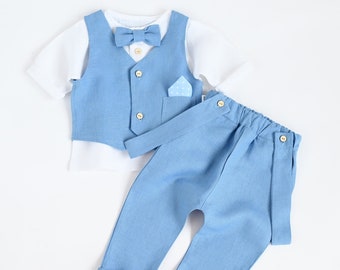 4psc Boys Linen Suit Blue Linen Suit Christening Outfit Baptism Boys Wedding Outfit Blue Linen Pants with Suspenders Bow Tie Linen Vest