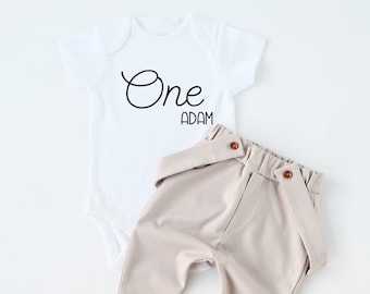 1st Birthday Boy Outfit Personalized One Birthday Boy Name Custom Outfit Beige Pants With Suspenders Minimalist Birthday Shirt