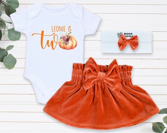 Pumpkin 2nd birthday outfit girl Fall Second Birthday Outfit Orange Skirt Personalized Pumpkin Outfit Two Autumn Birthday Halloween Birthday