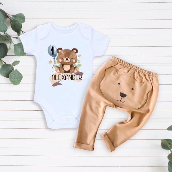 Tenue premier anniversaire ours en peluche, bébé garçon, chemise anniversaire ours, tenue premier anniversaire personnalisée, pantalon ours, body avec ours, ensemble d'anniversaire