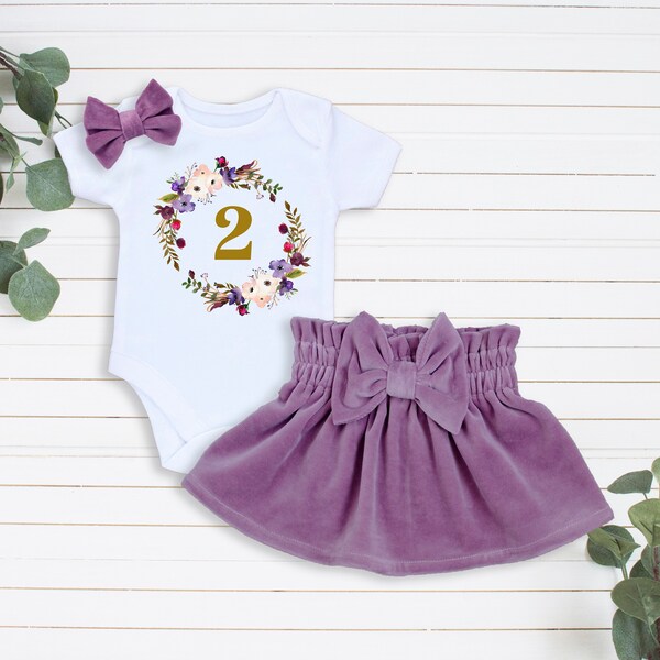 Personalized 2nd Birthday Outfit Girl, Purple Birthday Outfit, Golden Two, Floral Wreath, Velvet Lavender Skirt, Girl Bows, Second birthday