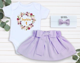 1. Geburtstagsoutfit Mädchen Lila, Personalisiertes 1. Geburtstag Mädchen Outfit, Lila LeinenRock, Blumenkranz, Schleifen Stirnband, Lavendel