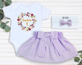 First Birthday Outfit Girl Purple, Personalized 1st birthday girl outfit, Purple Linen skirt, Floral wreath, Bow headband, Lavender