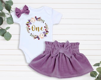 Lilac 1st Birthday Outfit Girl, Golden Glitter One, Velvet Bow Skirt