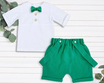 Costume de baptême de garçon Tenue d’été Baby Boy Blessing Outfit Short en lin vert avec bretelles Vêtements de lin de garçon Ensemble de baptême pour garçon