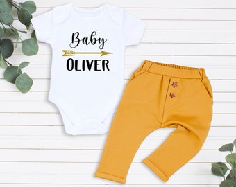 Coming Home Outfit Baby Boy Personalized Baby Name Outfit Baby Boy Clothes Mustard Pants Arrows Baby Shower Gift Baby Boy First Outfit