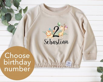 Safari Anniversaire Sweatshirt Jungle Animaux Anniversaire Pull Unisexe Enfants Anniversaire Personnalisé Anniversaire Sweatshirt Beige Leon Girafe