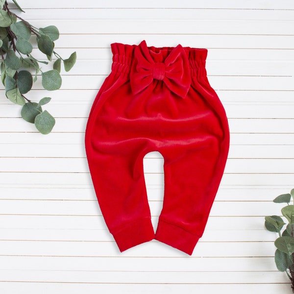 Pantalon et nœud de bébé fille rouge, leggings de bébé fille, pantalon pour tout-petits, tenue de bébé fille, pantalon de velours rouge, ensemble de bébé fille, pantalon de sarouel