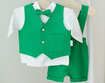 Ensemble en lin pour bébé garçon : gilet, short et costume de baptême verts