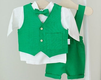 Baby Boy Linen Outfit 4psc Boy Christening Suit Linen Wedding Outfit Green Linen Shorts with Suspenders Boy Linen Vest Ring Bearer Outfit