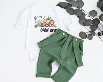 Jungle 1st Birthday Outfit Boy, Zoo Birthday, Safari Birthday Shirt, Custom First Birthday Outfit, Wild One, Giraffe, Elephant, Monkey, Lion