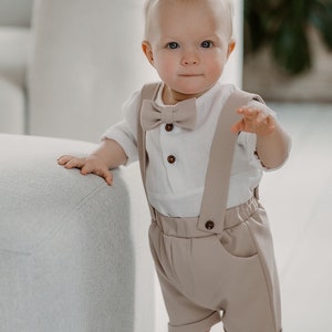 Toddler Boy Christening Outfit Baby Boy Christening Outfit Beige Pants with Suspenders Suit with Vest Boy Wedding Outfit White Linen Shirt