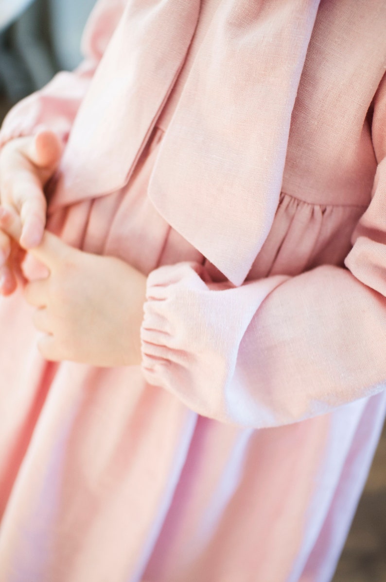 Baby Girl Robe Filles Linen Robe Poussiéreux Rose Grand Bow Filles Boho Robe Manches Longues Fleurs Filles Robe Baptême Robe Robe de baptême image 8