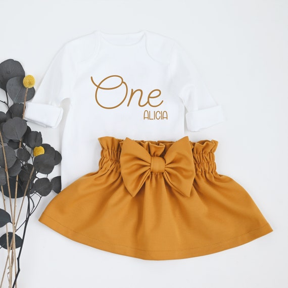 Golden 1st Birthday Girl Outfit Girl Gold One First Birthday Outfit Girl Personalized With Name Mustard Color Skirt Minimal Birthday Etsy