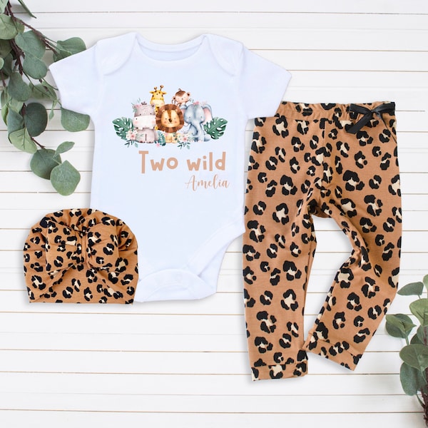 2ème anniversaire Fille Tenue Safari Animaux Tenue Boho Deuxième Anniversaire Tenue Fille Safari personnalisé Rose Gold Leopard Print Leggings