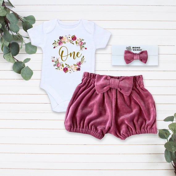 Eerste verjaardag Outfit Meisje 1e verjaardag Outfit Winter Rose Goud Boho Baby kleding Baby Fluwelen Bloeiers Roze Verjaardag Baby Haar Strik Etsy Belgie