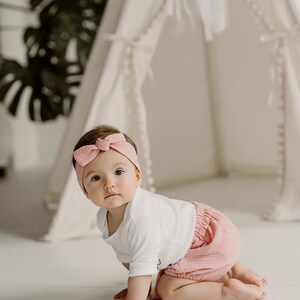 Boho Baby Girl Bloomers Shorts Light Pink Baby Girl Clothes Top Knot Headband Set Toddler Diaper Cover High Waisted With Bow Baby Bummies image 5