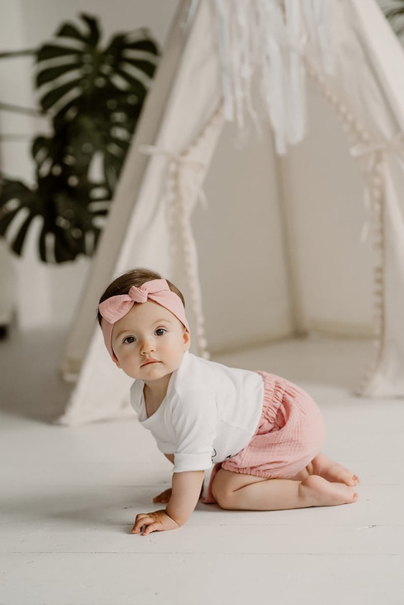Boho Baby Girl Bloomers Shorts Light Pink Baby Girl Clothes Top Knot Headband Set Toddler Diaper Cover High Waisted With Bow Baby Bummies image 5