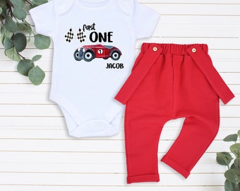 1st Birthday Boy Outfit Race Car First Birthday Outfit Boy Fast One Personalized Custom Long Sleeves Cake Smash Outfit Red Pants Suspenders