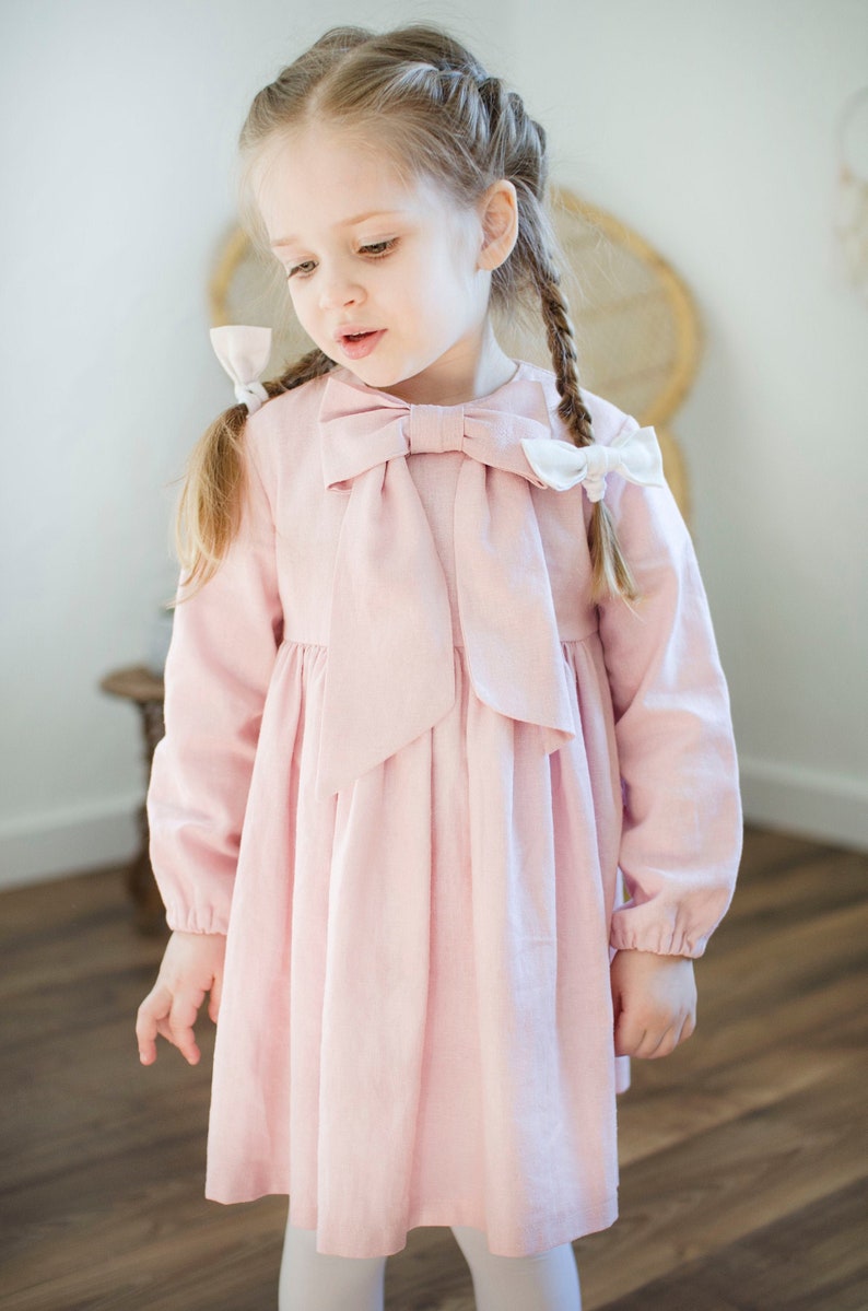 Baby Girl Robe Filles Linen Robe Poussiéreux Rose Grand Bow Filles Boho Robe Manches Longues Fleurs Filles Robe Baptême Robe Robe de baptême image 6