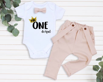 1st Birthday Boy Oufit Mr. Onederful Outfit First Birthday Outfit Boy Golden Crown Suspender Pants Mr. Onederful Shirt Beige pants Bow tie