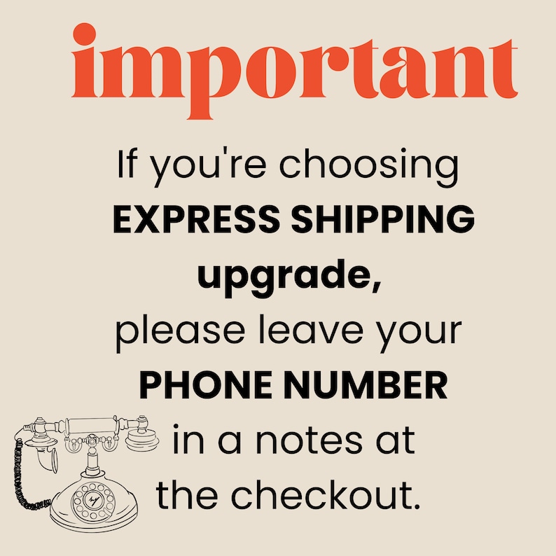 K&ouml;nnte beinhalten: Wichtige Hinweise: Wenn Sie die EXPRESS SHIPPING-Option w&auml;hlen, geben Sie bitte Ihre TELEFONNUMMER in einer Notiz an der Kasse an. Illustration eines alten W&auml;hlscheibentelefons.
