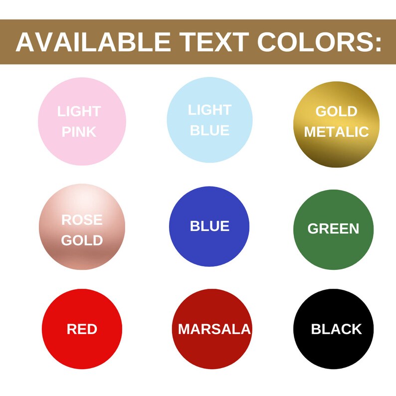 K&ouml;nnte beinhalten: Eine Tabelle mit den verf&uuml;gbaren Textfarben f&uuml;r ein Produkt. Die Farben sind: Hellrosa, Hellblau, Gold Metallic, Ros&eacute;gold, Blau, Gr&uuml;n, Rot, Marsala und Schwarz.
