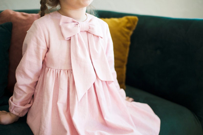 Baby Girl Robe Filles Linen Robe Poussiéreux Rose Grand Bow Filles Boho Robe Manches Longues Fleurs Filles Robe Baptême Robe Robe de baptême image 1