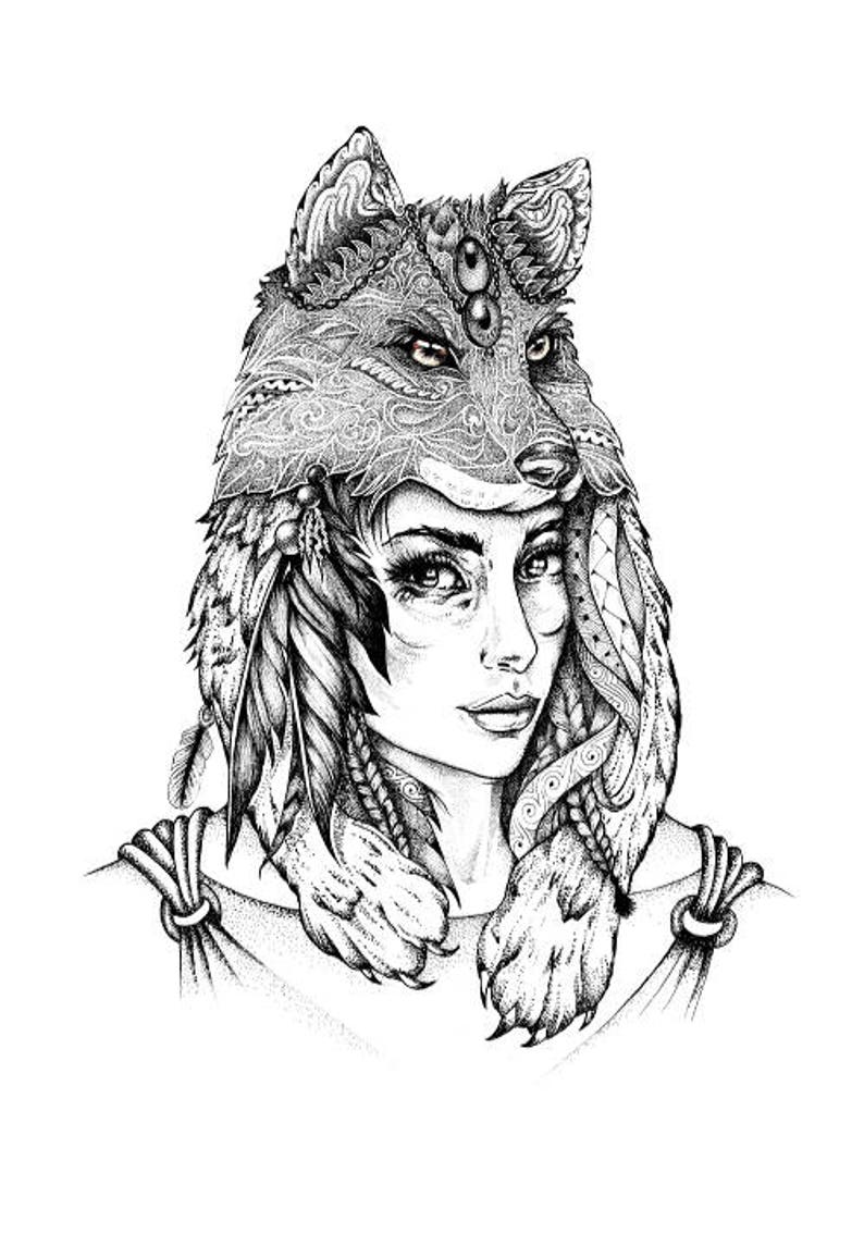 Ink Drawing Wolves Wolf Girl Art Print Wall Art Hand Made - Etsy