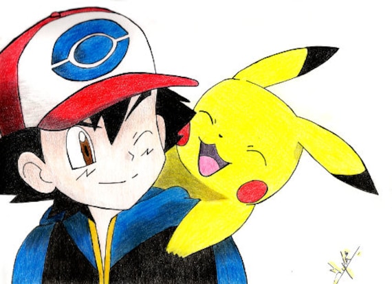 Ash And Pikachu Pokemon Pokemon Art Pikachu Art Print Pokemon Wall Art Cartoon Colored Pencil Drawing Pokemon Poster Pencil Drawing