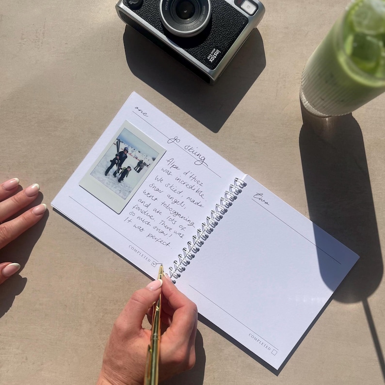 Personalised 30th Birthday gift; 30 Things To Do After You Turn 30 Activity Bucket List Book; example page filled out with 'skiing' with a polaroid picture used