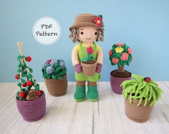 Gloria the Gardener and Garden Plants with Snail, Ladybug and Butterfly - Crochet Pattern - PDF - Instructions and Photos - 25cm (10in) Doll