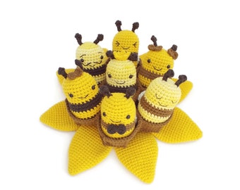 Flor de colmena y abejas - Patrón de amigurumi a crochet - Instrucciones escritas en inglés y tutorial fotográfico