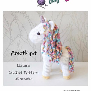 Front page of a unicorn amigurumi crochet pattern.