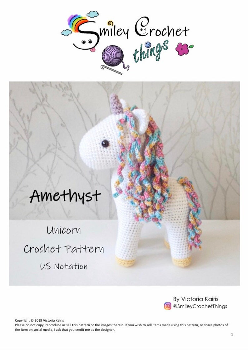 Front page of a unicorn amigurumi crochet pattern.